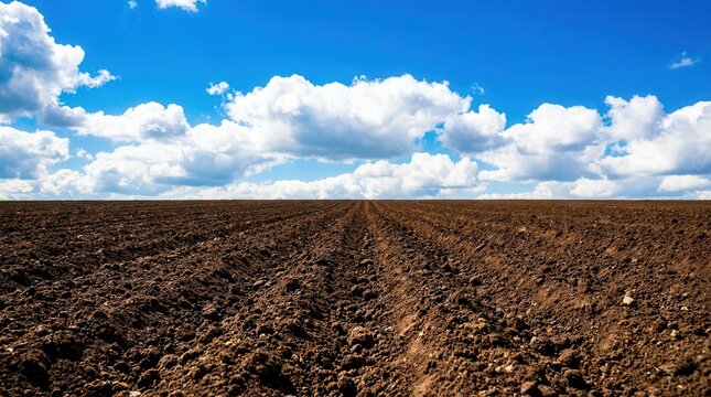 Freshly tilled agricultural land with dark soil and white clouds in a blue sky.