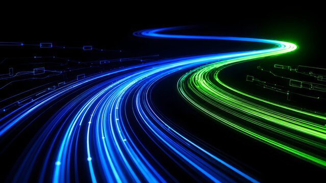 Abstract blue and green glowing light trails depicting high speed data transfer and fiber optic network technology