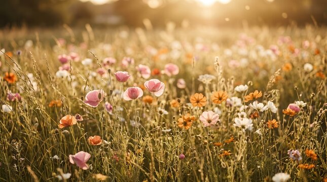 A scenic wildflower field featuring spring and summer flowers in nature.