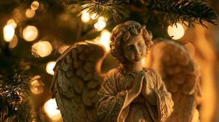 Fototapeta premium Close-up of decorative angel figurine with wings and praying hands illuminated by warm glowing Christmas lights on evergreen branch