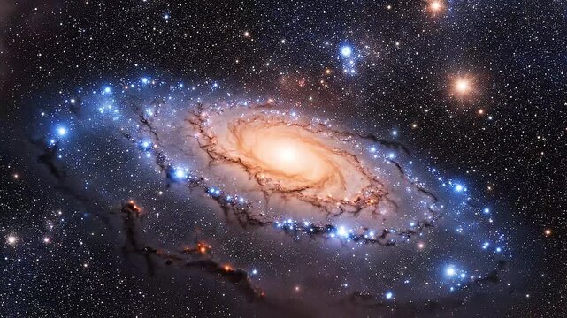 Spiral Galaxy Rotating with Bright Core and Star Field in Deep Space