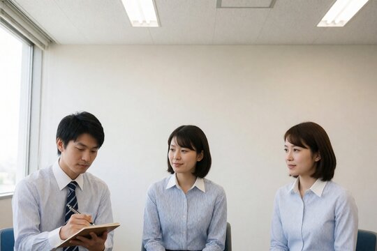 明るいオフィスで新人研修を受ける社員