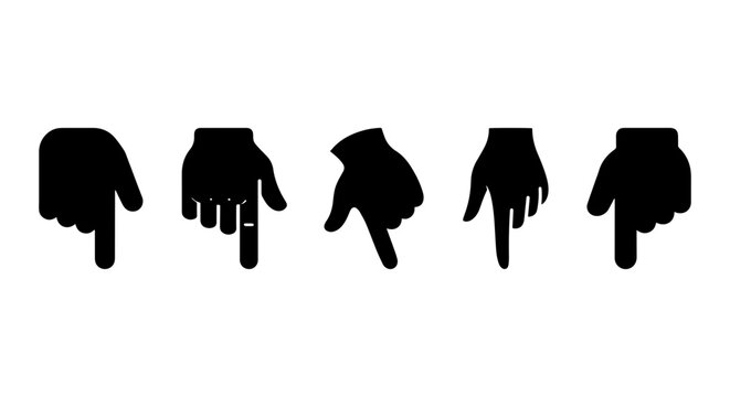 Five Black Hand Pointers, Vector Icons Set, Downward Direction, Click and Select Symbols