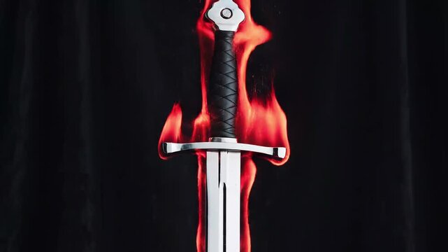 Medieval Sword Hilt Engulfed in Flames on Black Background