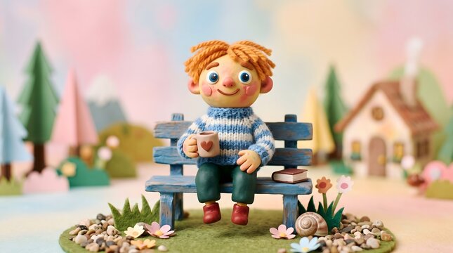Claymation boy character sitting on a park bench, cute plasticine doll holding a mug, miniature handmade stop motion scene