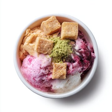 Korean injeolmi bingsu ice cream with soybean powder and rice isolated on white background
