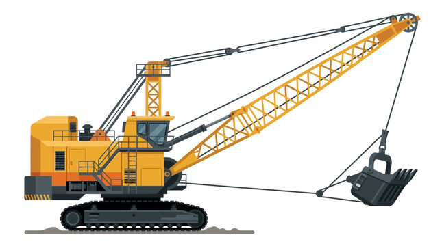Yellow heavy duty crawler crane with a bucket for construction and excavation work.