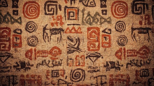 Ancient tribal pattern and cave symbols on burlap texture.