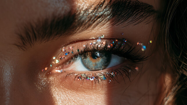 Close‑up of eye with rhinestone creative makeup