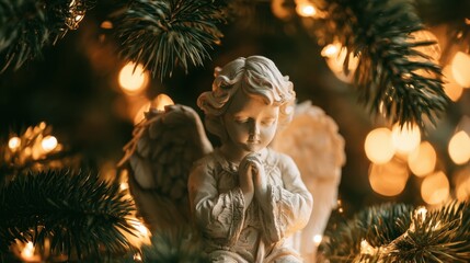 Fototapeta premium Softly lit angel figurine with delicate wings and praying hands nestled among pine branches with warm glowing lights creating a serene and peaceful holiday atmosphere