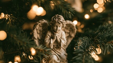 Fototapeta premium Close-up of serene angel figurine ornament with folded hands surrounded by evergreen tree branches and warm glowing Christmas lights creating cozy holiday ambiance