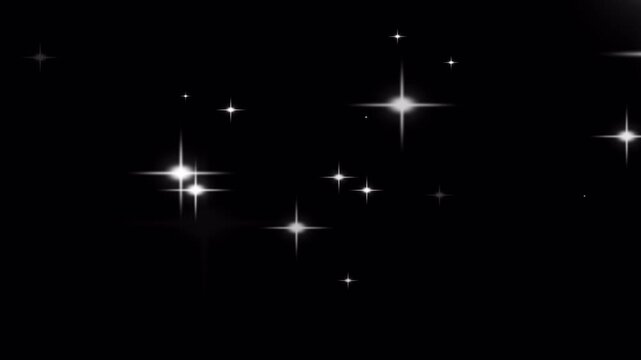 Animated white glowing stars and twinkling light flares on a dark background with alpha channel, suitable for overlays, festive effects and magical scenes