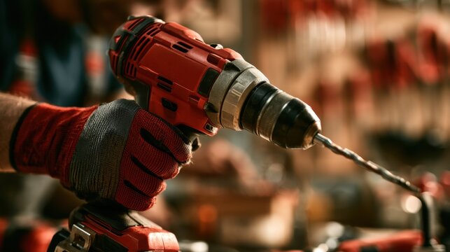 Close-up of person wearing protective glove holding red cordless electric drill with drill bit in hands for construction or home improvement work