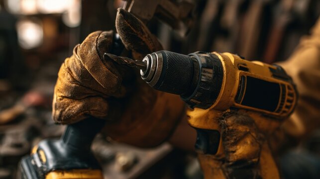 Close-up of worker hand wearing protective glove using electric drill with focus on drill bit and hand in workshop or construction site environment