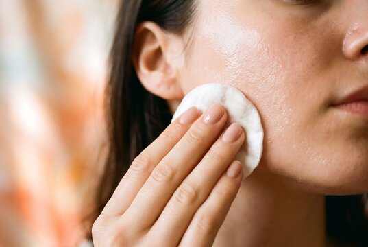 コットンで頬に化粧水をなじませるスキンケア