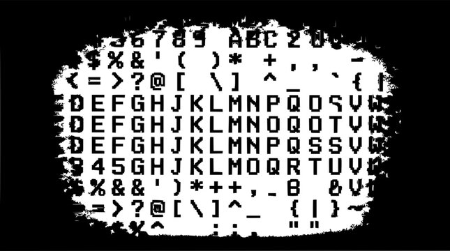 Pixelated alphanumeric character set with blocky, retro 8-bit style featuring numbers and letters with digital glitch effects and low resolution