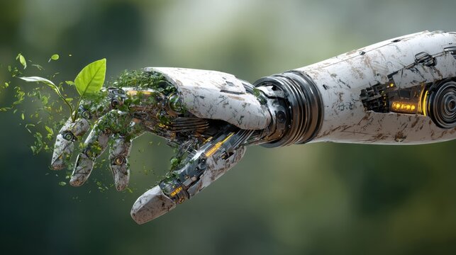 Robotic hand holding green plant leaves, technology meets nature concept