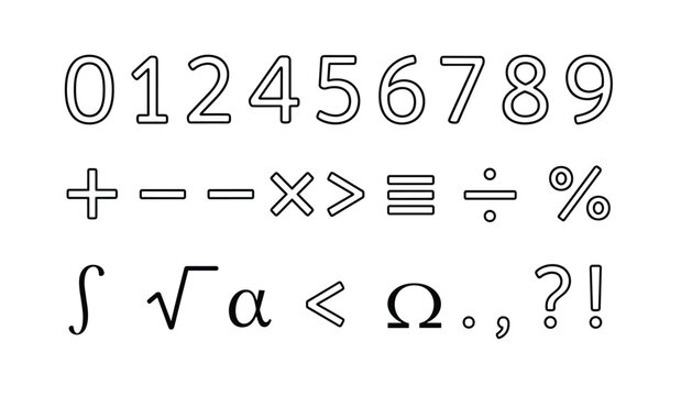 Vector line art collection of outlined arabic numbers, basic math operators, and scientific greek letter symbols.