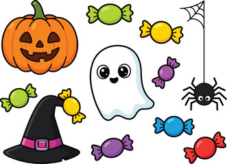 Fototapeta premium Cute halloween themed stickers with pumpkin ghost and candy