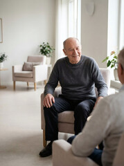 Fototapeta premium Senior Men Chatting Together in Minimal Bright Living Room