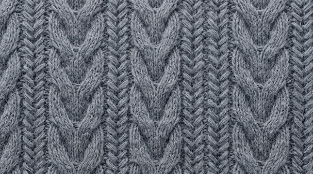 Detailed close up of a gray cable knit sweater texture showing interwoven yarn patterns with soft studio lighting