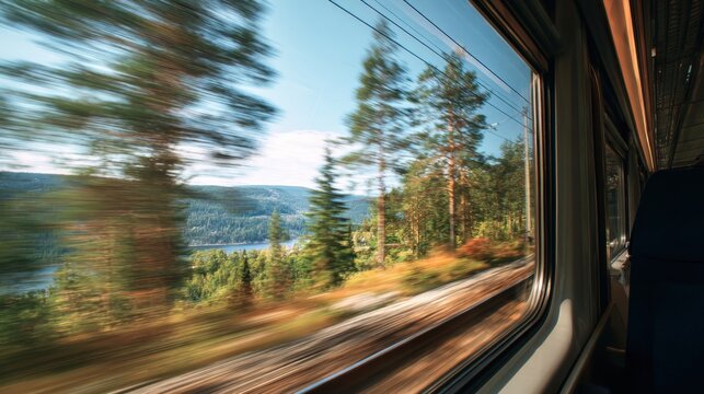 Train window view of blurred forest and lake landscape in motion