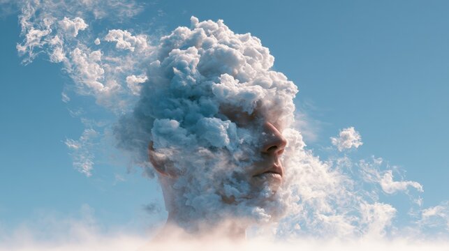 Surreal artistic composition of human face seamlessly blending into fluffy white cloud formation against blue sky in creative conceptual imagination