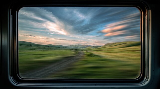 Train window view of green rolling hills and dramatic sky at dusk, motion blur