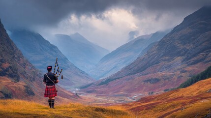 Fototapeta premium Scottish bagpiper in traditional tartan kilt overlooking dramatic highland valley landscape