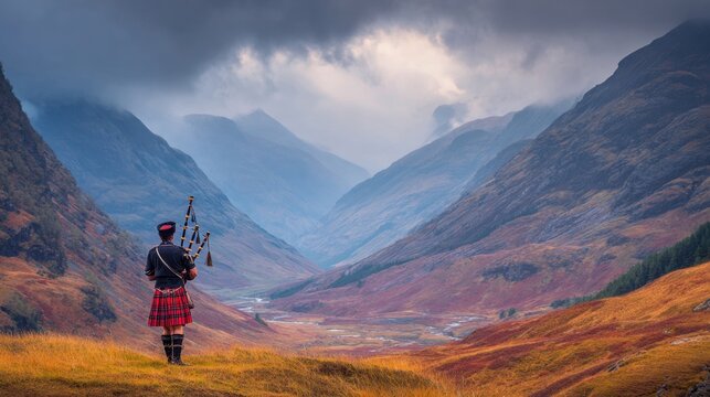 Scottish bagpiper in traditional tartan kilt overlooking dramatic highland valley landscape