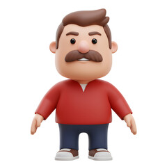 Fototapeta premium Cartoon Man Illustration 3D Render of Serious Male Character in Red Shirt and Blue Pants on Transparent Background
