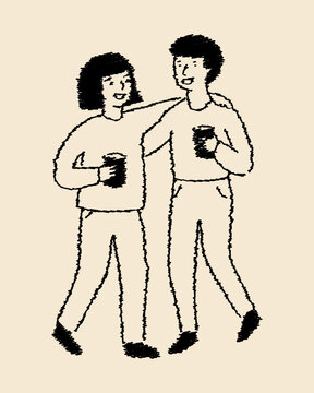 Hand Drawn Two Friends Standing Together Holding Drinks in Simple Sketch Style