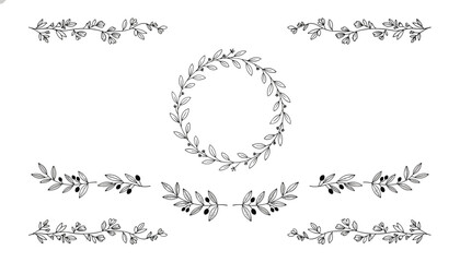 Fototapeta premium Collection of hand drawn delicate floral wreaths and decorative dividers in sketchy black and white line art.