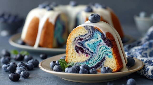 Blueberry marble bundt cake slice with white glaze and fresh berries, photorealistic