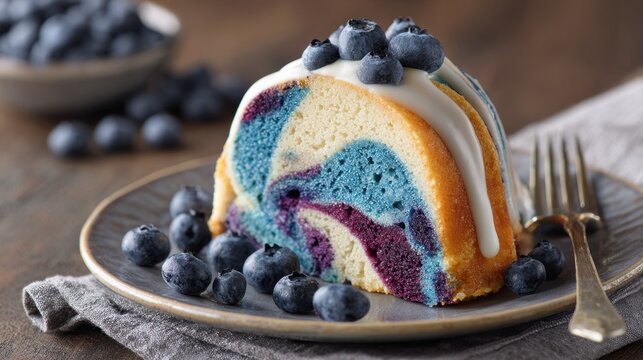 Blueberry marble bundt cake slice with white glaze and fresh berries
