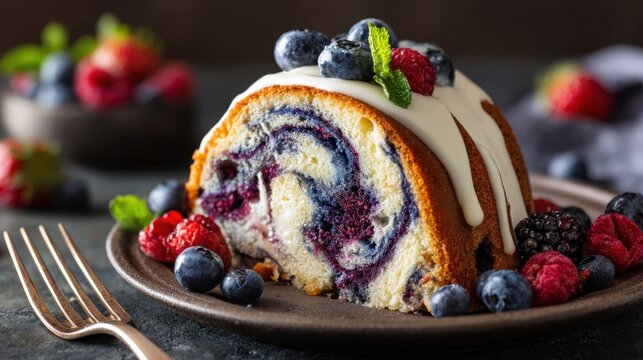 Blueberry raspberry swirl roll cake slice with cream glaze and fresh berries