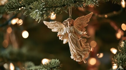 Fototapeta premium Delicate angel ornament hanging on green pine tree branch with soft golden bokeh lights creating warm festive atmosphere during holiday season celebration