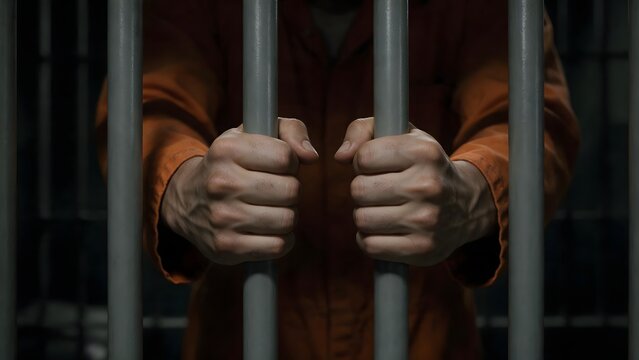Close up of a person gripping prison bars with both hands, symbolizing imprisonment, confinement, detention, incarceration, and loss of freedom