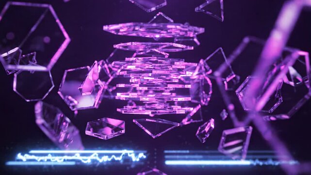 Futuristic geometric abstract crystal shapes, glowing with purple light and energy, showcasing technology and complex data flow, evoking wonder and innovation