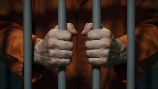 Close up of a person gripping prison bars with both hands, symbolizing imprisonment, confinement, detention, incarceration, and loss of freedom