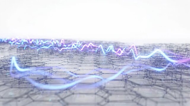 Futuristic technology science abstract network data connection digital energy grid visualization. Blue purple light streaks white grid evoke energy dynamism. Abstract waveform hexagonal grid