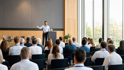 Obraz premium Business speaker addressing conference audience in auditorium