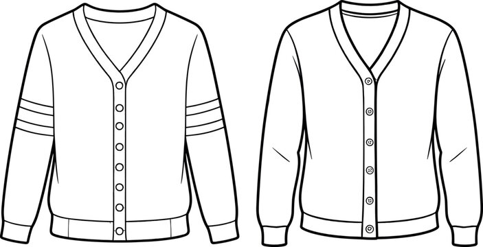 V-neck long sleeve button down cardigan sweater technical fashion flat sketch vector template set for apparel tech pack design