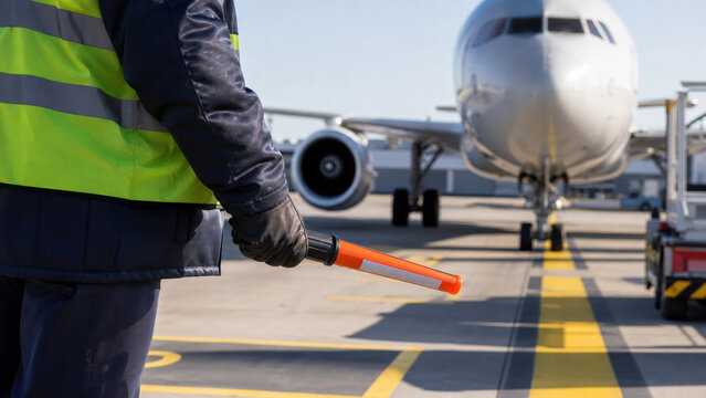 Airport ground crew guiding airplane on tarmac