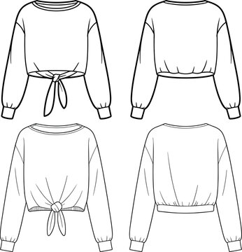 Women cropped long sleeve tie front knot sweatshirt technical fashion flat sketch vector template set for tech pack design
