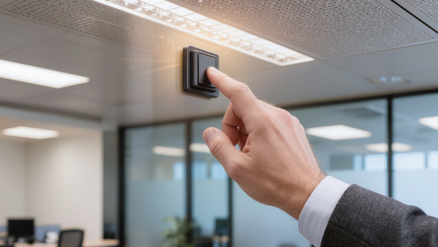 A businessman's hand pressing a modern wall switch on a glass panel in an office, highlighting energy efficiency, lighting control, and smart office technology