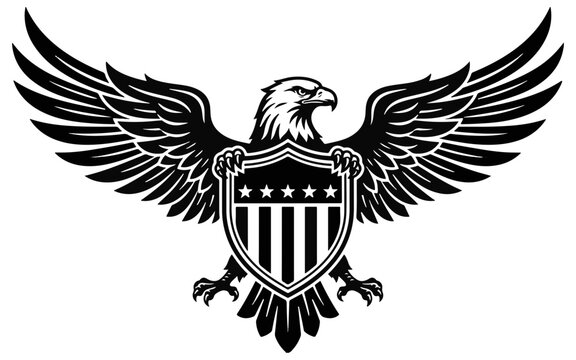 Eagle clutching shield silhouette against a black background