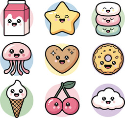 Fototapeta premium Cute Kawaii Food Icons Set Featuring Milk Carton Star Cookie Donut Ice Cream Cone Jellyfish Cherry and Cloud Vectors