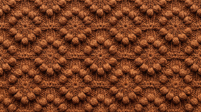 Textured knitted fabric with repeating bobble stitch pattern in warm brown hue close-up macro view showcasing yarn fibers and depth