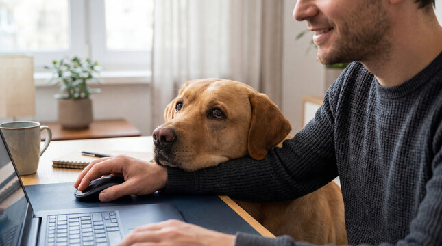 Dog resting chin on owner's hand while using laptop office work from home pet companion
